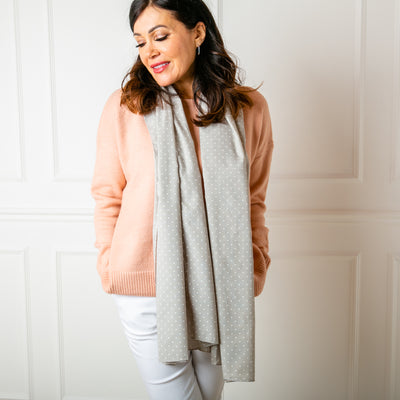 The Polka Dot Scarf in silver grey. So many ways to wear it